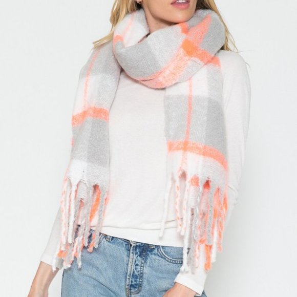 Gray, Orange & Ivory Plaid Scarf with Whimsical Fringe - Picture 5 of 8